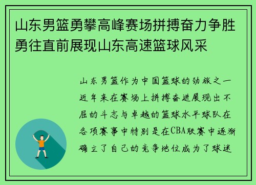 山东男篮勇攀高峰赛场拼搏奋力争胜勇往直前展现山东高速篮球风采